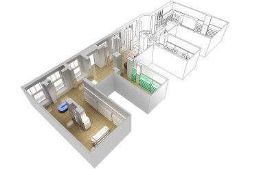 Renklerin yarısı ve siyah-beyaz çizgili iç tasvir, 3D illüstrasyon 