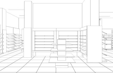 Siyah ve beyaz çizgili iç mekan görselleştirmesi, 3D illüstrasyon 