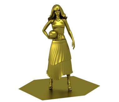 Topları beyaz arka planda izole edilmiş 3D altın rengi elbiseli kız modeli.