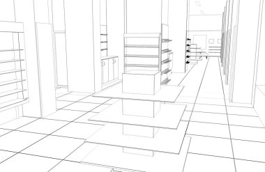 Siyah ve beyaz çizgili iç mekan görselleştirmesi, 3D illüstrasyon 