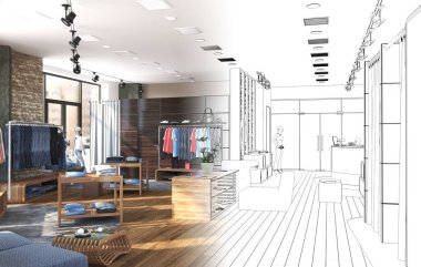 Renklerin yarısı ve siyah-beyaz çizgili iç tasvir, 3D illüstrasyon 