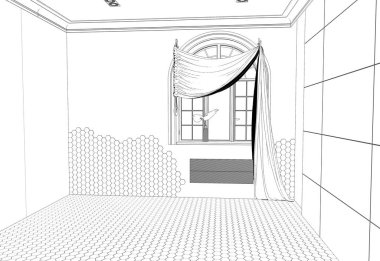 Modern oda iç tasviri, 3 boyutlu illüstrasyon