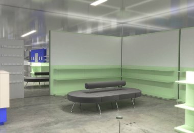 Kıyafetler iç mekan görüntülemesi, 3 boyutlu illüstrasyon 