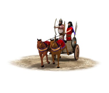 Beyaz arka planda iki savaşçısı olan üç boyutlu bir savaş arabası modeli.