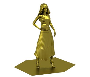 Topları beyaz arka planda izole edilmiş 3D altın rengi elbiseli kız modeli.