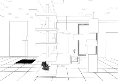 Siyah ve beyaz mağaza iç hat görselleştirmesi, 3D illüstrasyon 