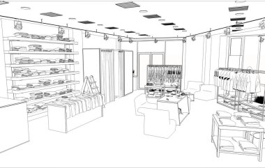 Siyah beyaz mağaza iç tasviri, 3 boyutlu illüstrasyon 