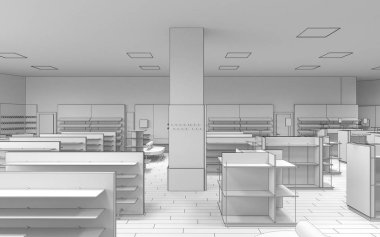 Gri depo iç görüntüleme, 3D illüstrasyon 