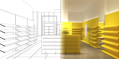 Kıyafetler iç mekan görüntülemesi, 3 boyutlu illüstrasyon 