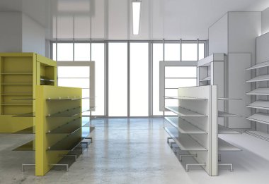 Kıyafetler iç mekan görüntülemesi, 3 boyutlu illüstrasyon 