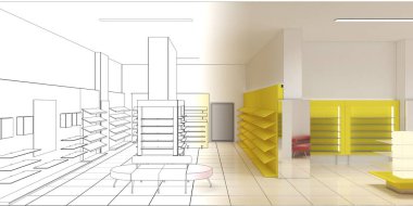 Kıyafetler iç mekan görüntülemesi, 3 boyutlu illüstrasyon 