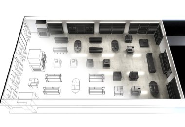 Kıyafetler iç mekan görüntülemesi, 3 boyutlu illüstrasyon 