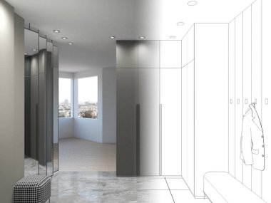 Boş oda iç tasviri, 3 boyutlu illüstrasyon 