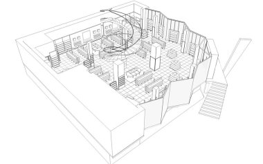 Kafenin iç hatları görselleştirme, 3D illüstrasyon, çizim, taslak