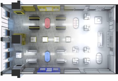 Kıyafetler iç mekan görüntülemesi, 3 boyutlu illüstrasyon 