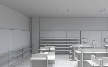 Gri depo iç görüntüleme, 3D illüstrasyon 