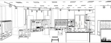 Siyah beyaz mağaza iç tasviri, 3 boyutlu illüstrasyon 