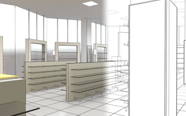 Kıyafetler iç mekan görüntülemesi, 3 boyutlu illüstrasyon 