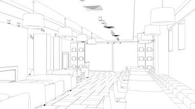 Siyah ve beyaz iç mekan 3D illüstrasyon 