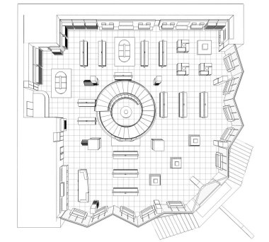Kafenin iç hatları görselleştirme, 3D illüstrasyon, çizim, taslak