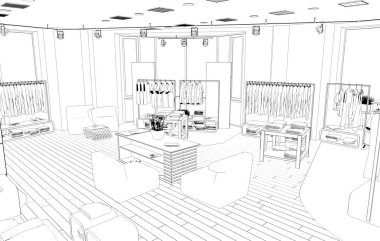 Siyah ve beyaz mağaza iç şeması görselleştirmesi, 3d illüstrasyon 