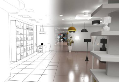 İçinde boş oda olan gri bir çizim. 3d illüstrasyon