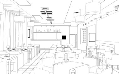 Kafenin iç hatları görselleştirme, 3D illüstrasyon, çizim, taslak