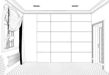 Modern oda iç tasviri, 3 boyutlu illüstrasyon