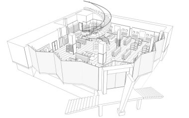 Kafenin iç hatları görselleştirme, 3D illüstrasyon, çizim, taslak