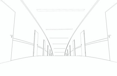 Siyah ve beyaz kıvrımlı koridor iç çizimler