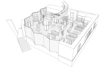 Kafenin iç hatları görselleştirme, 3D illüstrasyon, çizim, taslak