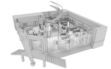 Kıyafetler iç mekan görüntülemesi, 3 boyutlu illüstrasyon 