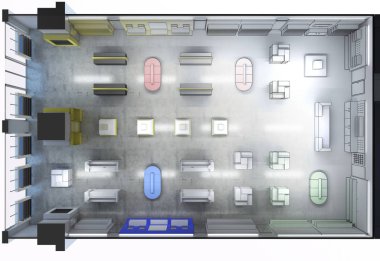 Kıyafetler iç mekan görüntülemesi, 3 boyutlu illüstrasyon 