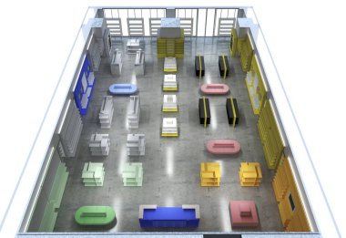 Kıyafetler iç mekan görüntülemesi, 3 boyutlu illüstrasyon 