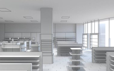 Gri depo iç görüntüleme, 3D illüstrasyon 