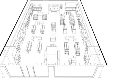 Siyah ve beyaz iç mekan 3D illüstrasyon 