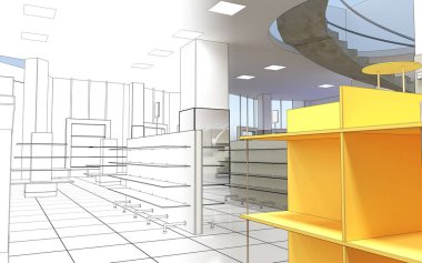 Kıyafetler iç mekan görüntülemesi, 3 boyutlu illüstrasyon 