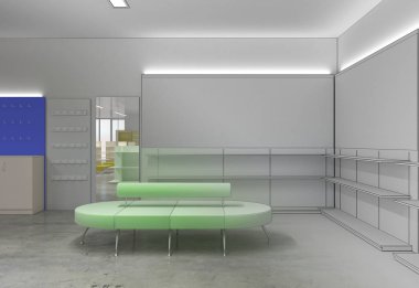 Kıyafetler iç mekan görüntülemesi, 3 boyutlu illüstrasyon 