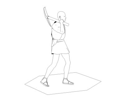 Siyah çizim taş baltayla antik bir işçiye ait.