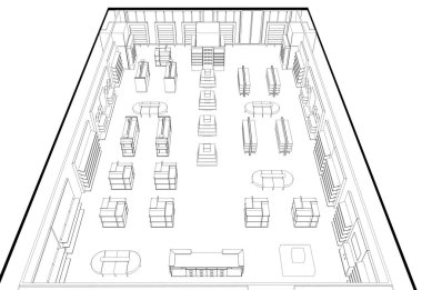 Siyah ve beyaz iç mekan 3D illüstrasyon 