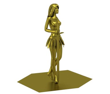 Kılıç tutan çıplak kızın 3D altın modeli.