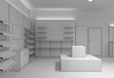 Kıyafetler iç mekan görüntülemesi, 3 boyutlu illüstrasyon 