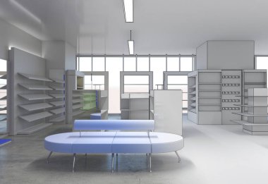 Kıyafetler iç mekan görüntülemesi, 3 boyutlu illüstrasyon 