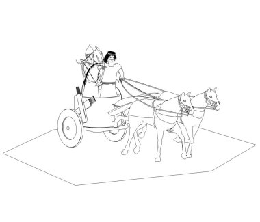 Beyaz arka planda iki savaşçının olduğu savaş arabasının robot resmi.