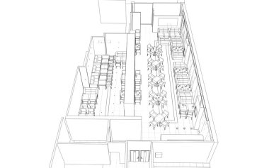 Kafenin iç hatları görselleştirme, 3D illüstrasyon, çizim, taslak