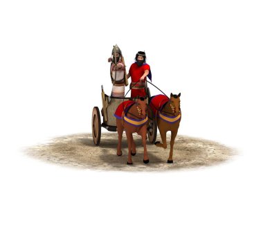 Beyaz arka planda iki savaşçısı olan üç boyutlu bir savaş arabası modeli.