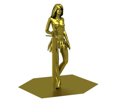 Kılıç tutan çıplak kızın 3D altın modeli.