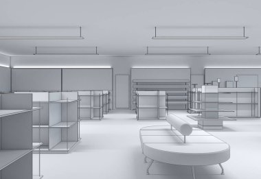 Kıyafetler iç mekan görüntülemesi, 3 boyutlu illüstrasyon 