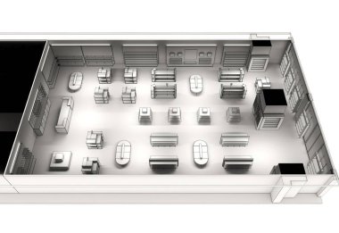 Kıyafetler iç mekan görüntülemesi, 3 boyutlu illüstrasyon 