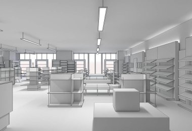 Kıyafetler iç mekan görüntülemesi, 3 boyutlu illüstrasyon 